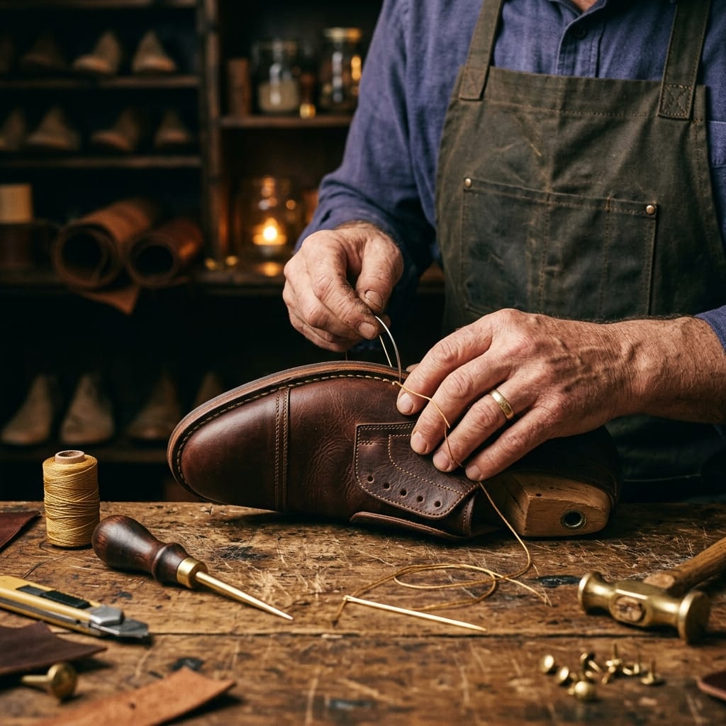 Craftsman making shoes